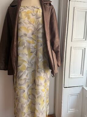 Vintage Structured Floral Column Midi Dress Yellow Ivory Square Neck
